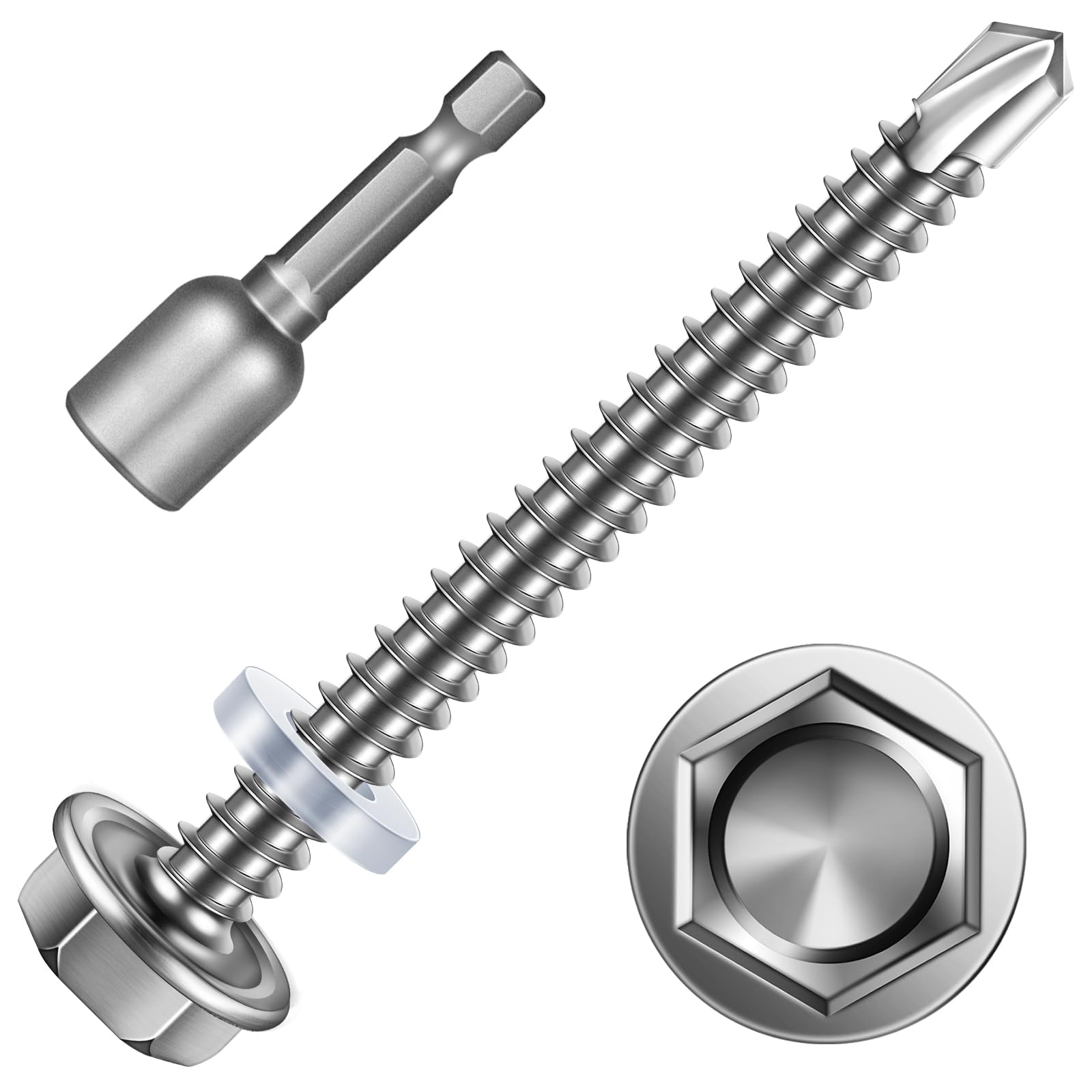 Wavanta Self Tapping Screws, 5.5 x 50mm Hex Washer Head Self Drilling Screws, 410 Stainless Steel Metal Screws, TEK Screws, Pack of 50