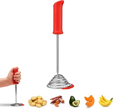 Dreamfarm Smood | One-Handed Stainless-Steel Spring Coil Vegetable and Potato Masher with Soft Grip and Bowl Scraper | Red
