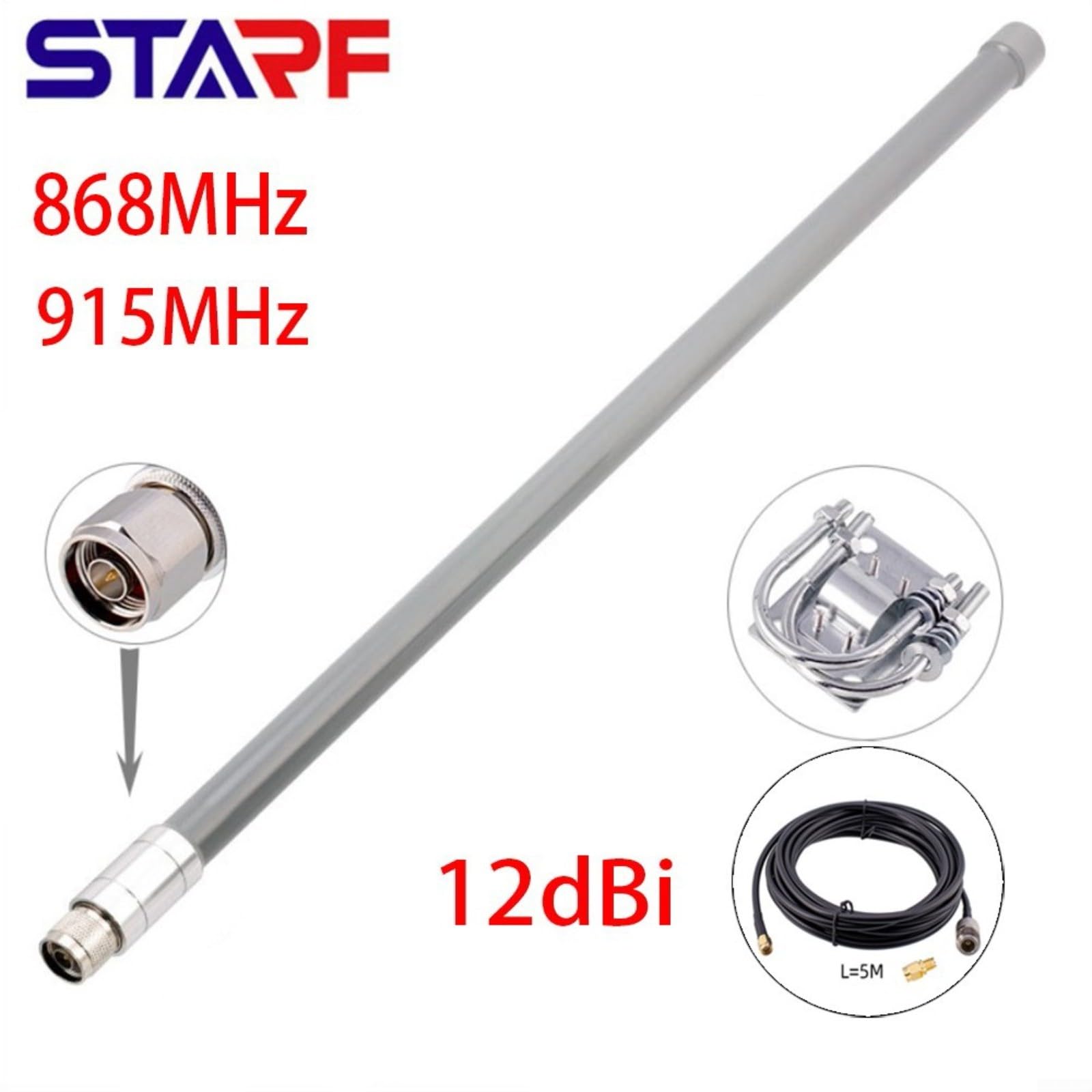 Per STARF 12DBi 868MHz 915MHz per antenna OMNI in fibra di vetro, connettore N-maschio, per minatore di elio rete esterna a lungo raggio, agricoltura (kit antenna)