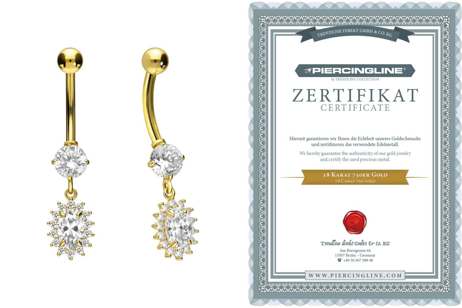 PIERCINGLINE 18 Karat Gold Bauchnabelpiercing mit Kristallblume Bananabell Piercing Gelbgold