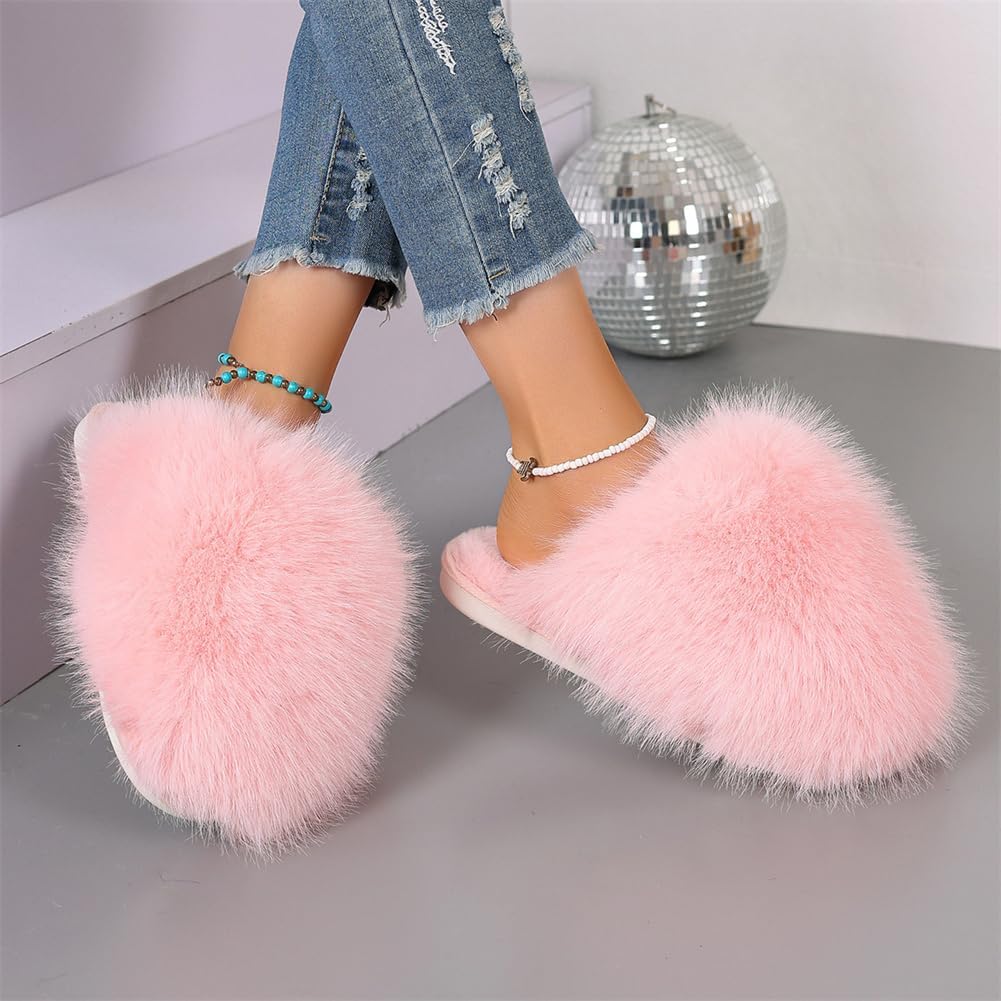 Pocadri Womens Cozy Faux Fur House Slippers Warm Plush Bedroom Slipper Anti-skid Sole Indoor Outdoor Slide Shoes Slip On