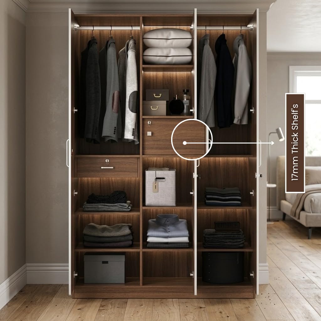 CASPIAN Engineered Wood Triple Door Wooden Wardrobe (White & Brown) | Furniture with Dressing Mirror & Key Locker | Cupboard/Almirah for Bedroom Clothes Storage Organizer with 11 Shelves & Drawer-picture-15