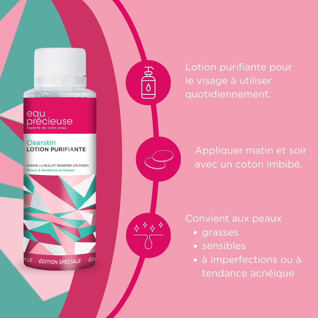 Eau Précieuse - Lotion Purifiante Clearskin Edition Spéciale - Soin pour les peaux à tendance acnéique - Triple action : purifie la peau - resserre les pores - élimine l'excès de sébum - 375 mL
