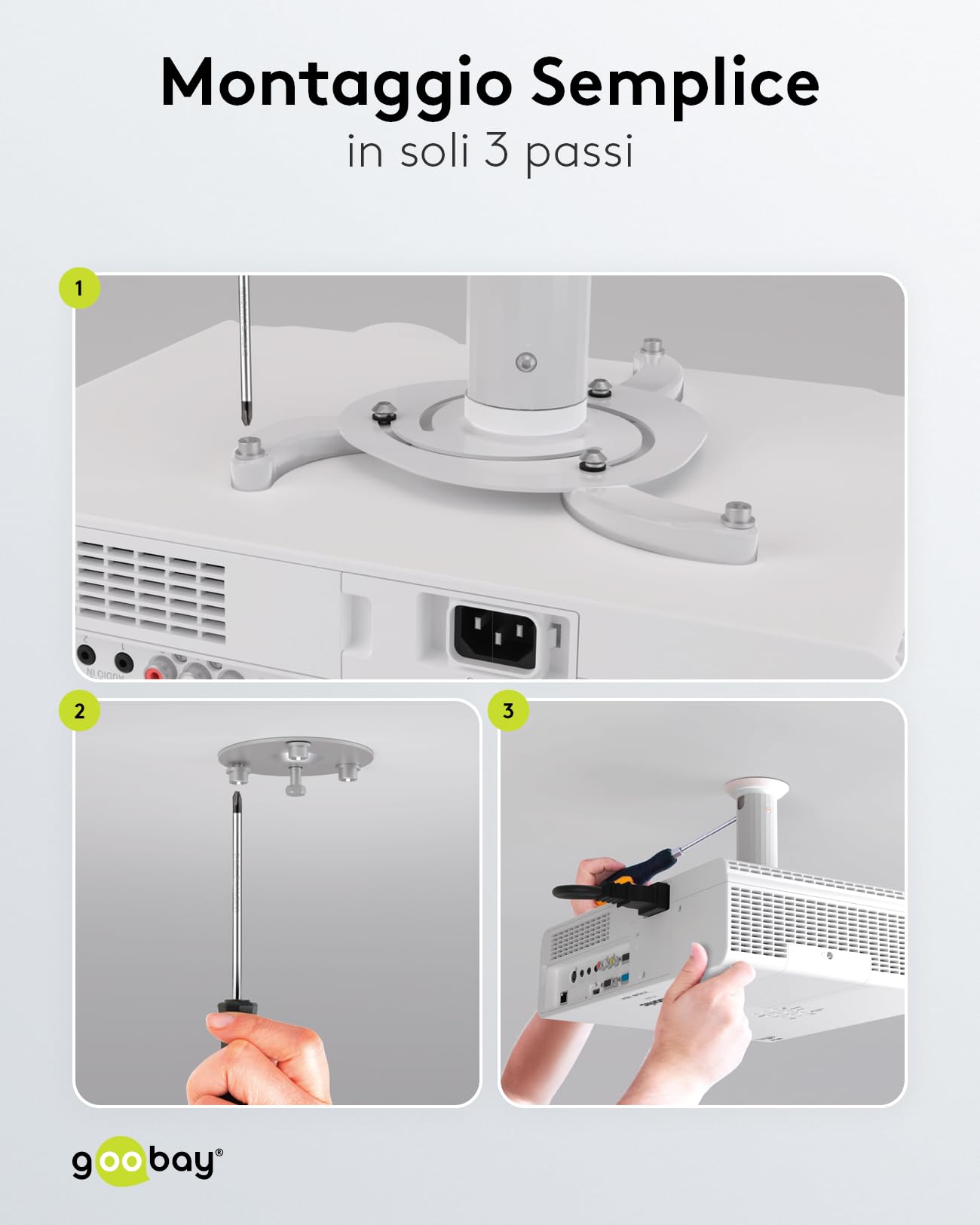 goobay Supporto Videoproiettore Soffitto Universale Fino a 10 kg Interasse 130-320 mm Inclinabile 360 Gradi Girevole Argento - 51905