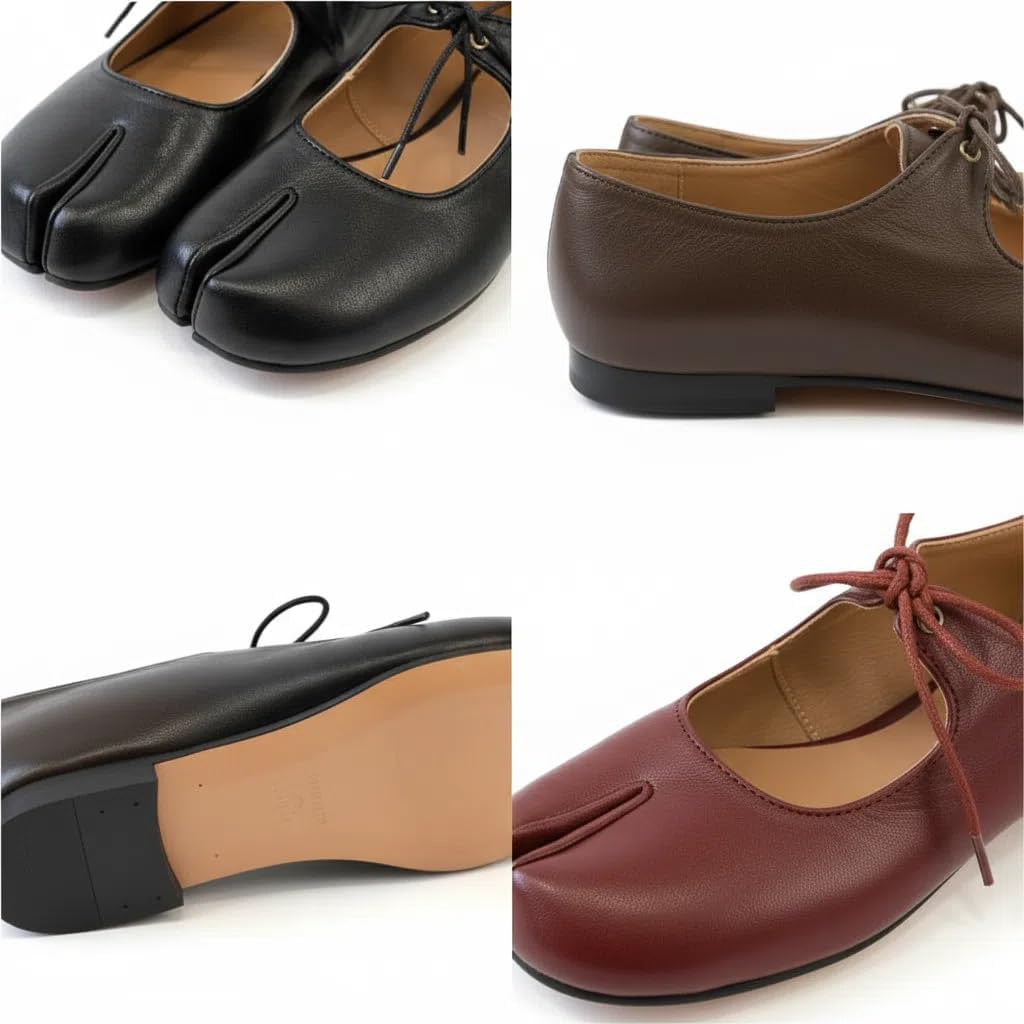 Women Tabi Shoes Split Toe Mary Jane Ballet Flats Vintage Hidden Lift Bow Strap Daily Commute Wear Lightweight Comfortable Walking Shoes