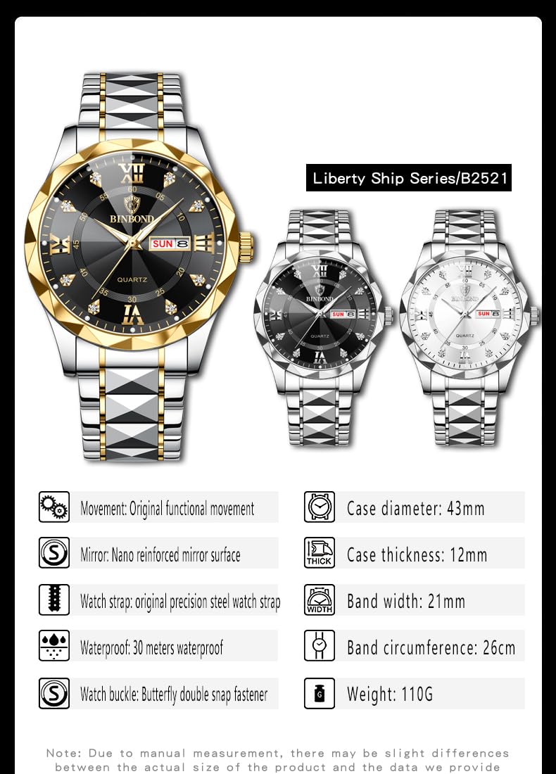 Gosasa Reloj analógico de cuarzo para hombre y mujer, de acero inoxidable, con números romanos, resistente al agua, con calendario, fecha, color dorado y plateado