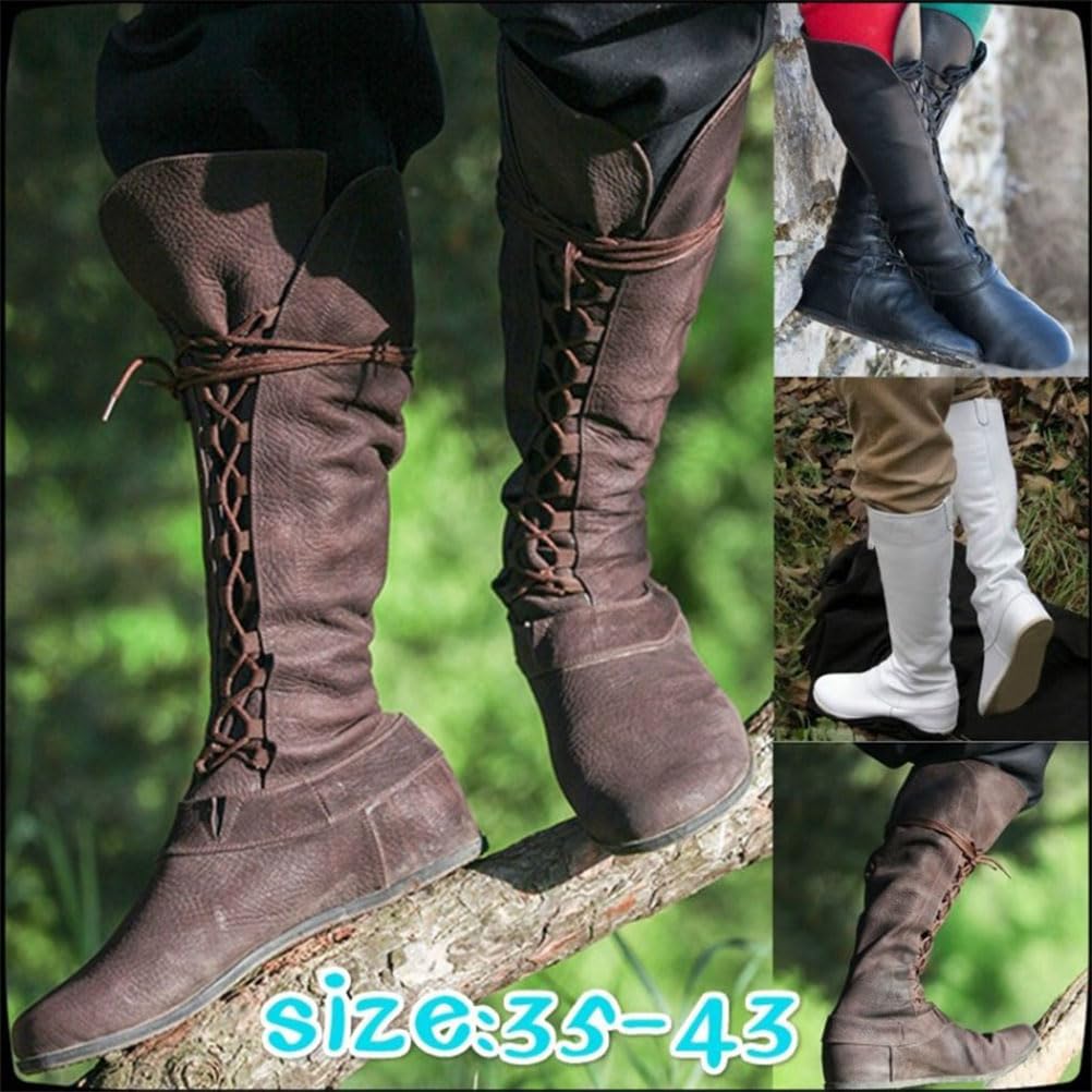 ORANDESIGNE Botas Medievales de Cuero PU Retro Mujeres Hombres Caballero Pirata Disfraz Tobillo Corto Botas de Fondo Plano Zapatos de Vendaje Gótico para Cosplay Fiesta de Carnaval