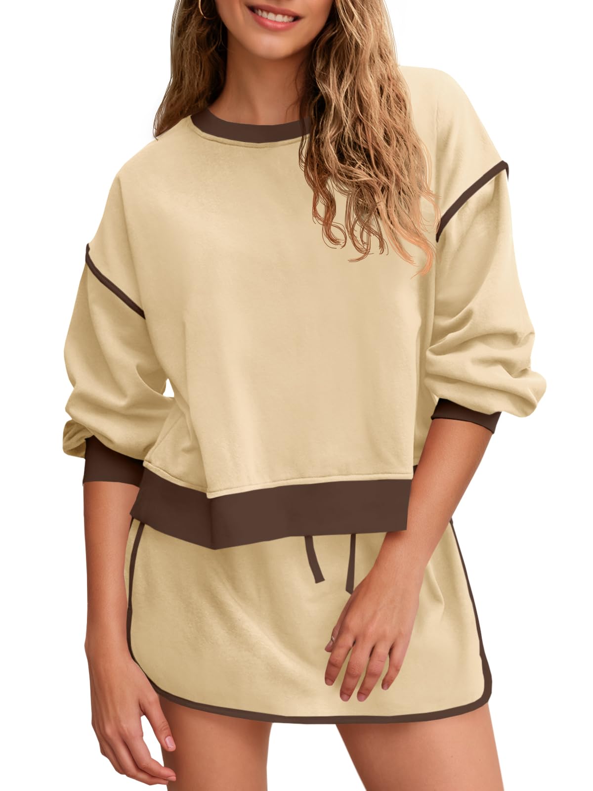 Fisoew Womens Sweatsuits 2 Piece Set Crewneck Sweatshirts High Waisted Skort Skirts Tennis Running Tracksuits Shorts Sets