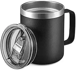 Caneca Xícara Térmica de Aço Inox, 360ml, Tampa com Isolamento a Vácuo, Camada Dupla (Preto)