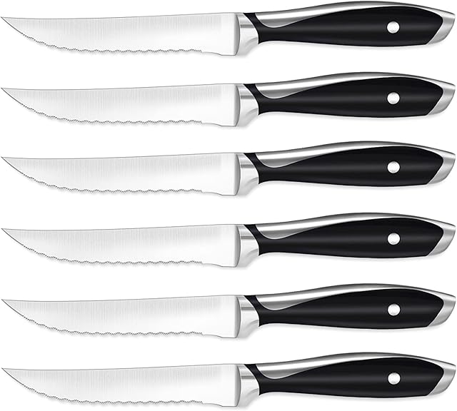 Steak Knives with Serrated Edge - Durable Stainless-Steel Steak Knives Set of 6, Ergonomic Handle for Comfortable Grip