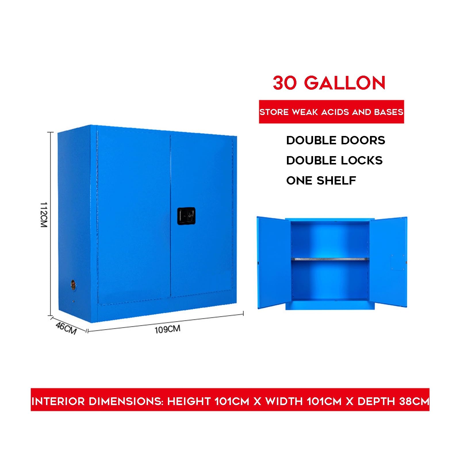 Armadio di Sicurezza in Metallo ignifugo da 4 galloni, per Sostanze chimiche e Vernici, con Porta chiudibile a Chiave e ripiano Regolabile per Uso in Garage o Laboratorio (Blu, 30 galloni)