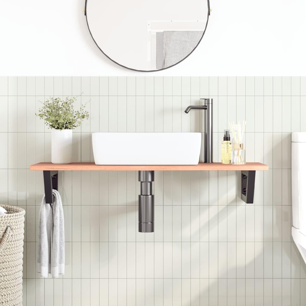Tapa de tocador con soporte de acero y madera maciza de roble, 100 x 40 cm, montaje en pared para lavabo y mueble de baño, estante para almacenamiento, toalla, cosméticos y almacenamiento