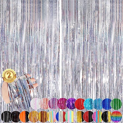 Silver Party Streamers 2Pack Metallic Tinsel Foil Fringe Curtains 3.3X 8.3Ft Party Decors For Photo Booth Photoshoot Bridal Shower Engagement Disco Bachelorette Party Decors Streamers For Christmas