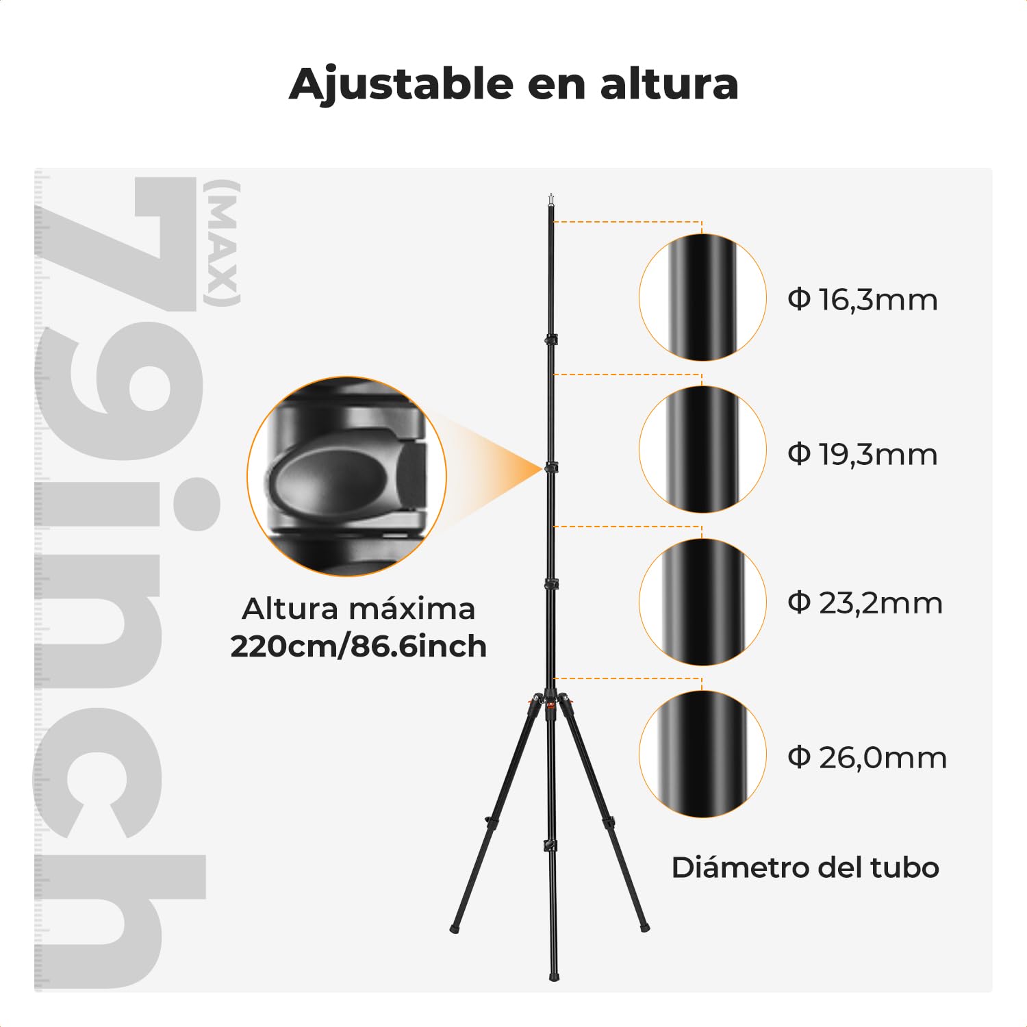K&F CONCEPT Trípode de fotografía 200 cm, trípode de lámpara de Aluminio Reversible Ajustable Trípod para teléfono Celular con Tornillo de 1/4 "Bolsa de trípode para cámara de luz estroboscópica