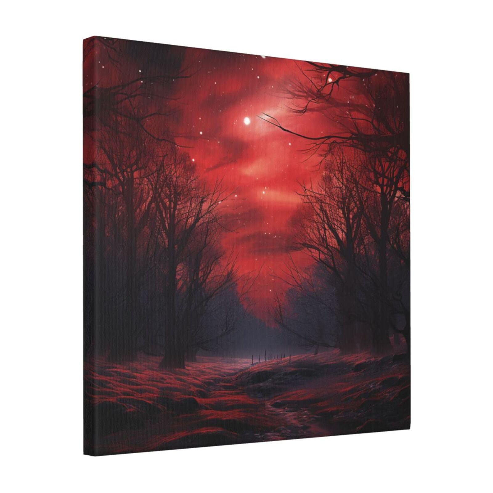 FodPand Red Forest Night Sky Canvas Wall Art for Living Room Wall Decor 16"x16" Modern Artwork Painting Pictures Hanging Canvas Prints Aesthetic Wall Art for Bedroom Bathroom Office Wallart Decor