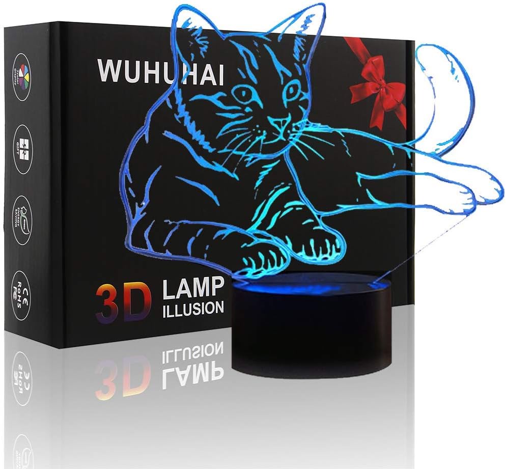 Cat Night Light for Kids 3D Illusion Night Light, Touch Button 3D Optical Illusion Table Desk Lamp with 7 Color Light for Girls Christmas Halloween Birthday Gift