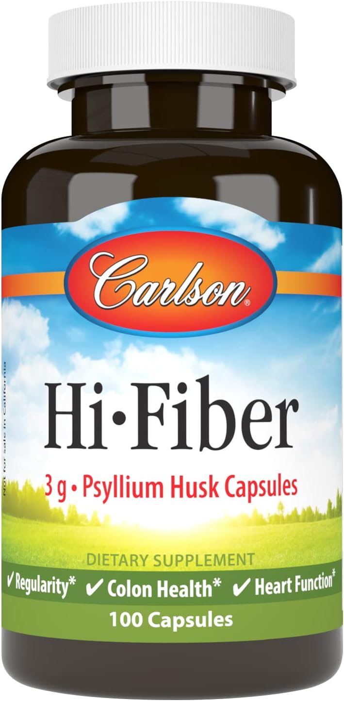 Carlson – Hi-Fiber, 0.11 oz, Cápsulas de cáscara de psyllium, regularidad, salud del colon y función cardíaca, 100 cápsulas
