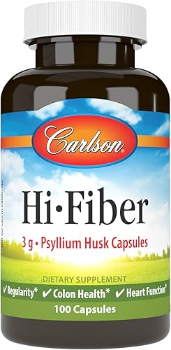 Carlson - Hi-Fiber, 0.11 oz, Cápsulas de cáscara de psyllium, regularidad, salud del colon y función cardíaca, 100 cápsulas