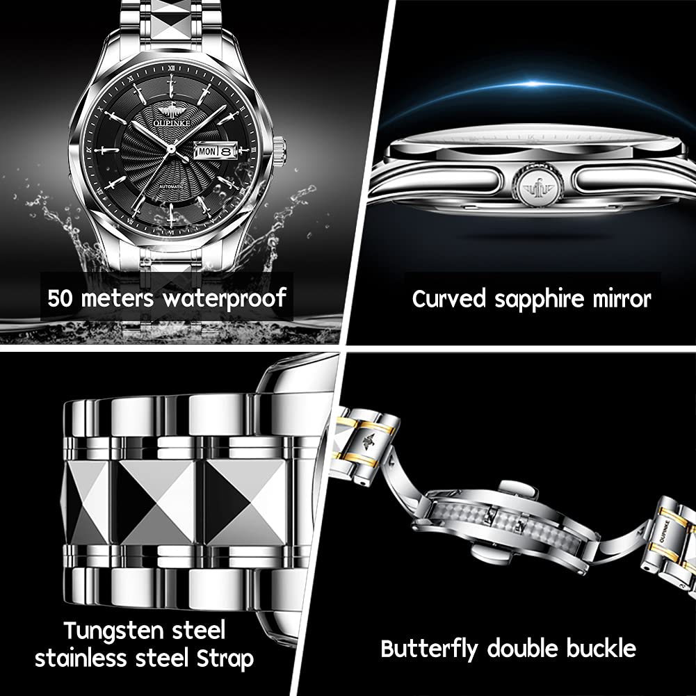 OUPINKE Herren-Armbanduhr, automatisch, selbstaufziehend, mechanisch, Metall, Edelstahl, wasserdicht, analog, Datumsanzeige, Armbanduhr