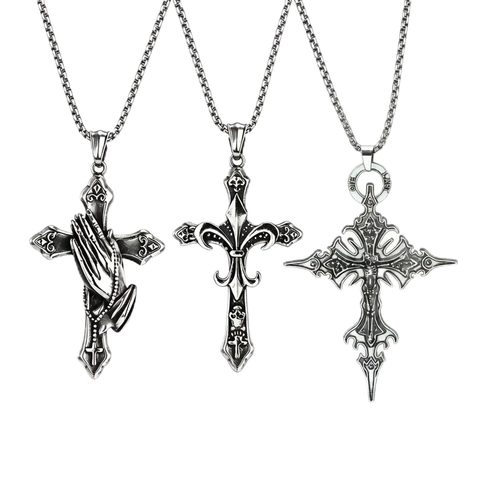 3 pcs gothic necklace, cross pendant for men, gothic jewellery set, cross chain for men, accessories stylish, punk goth style, zinc alloy silver color, 60 cm length