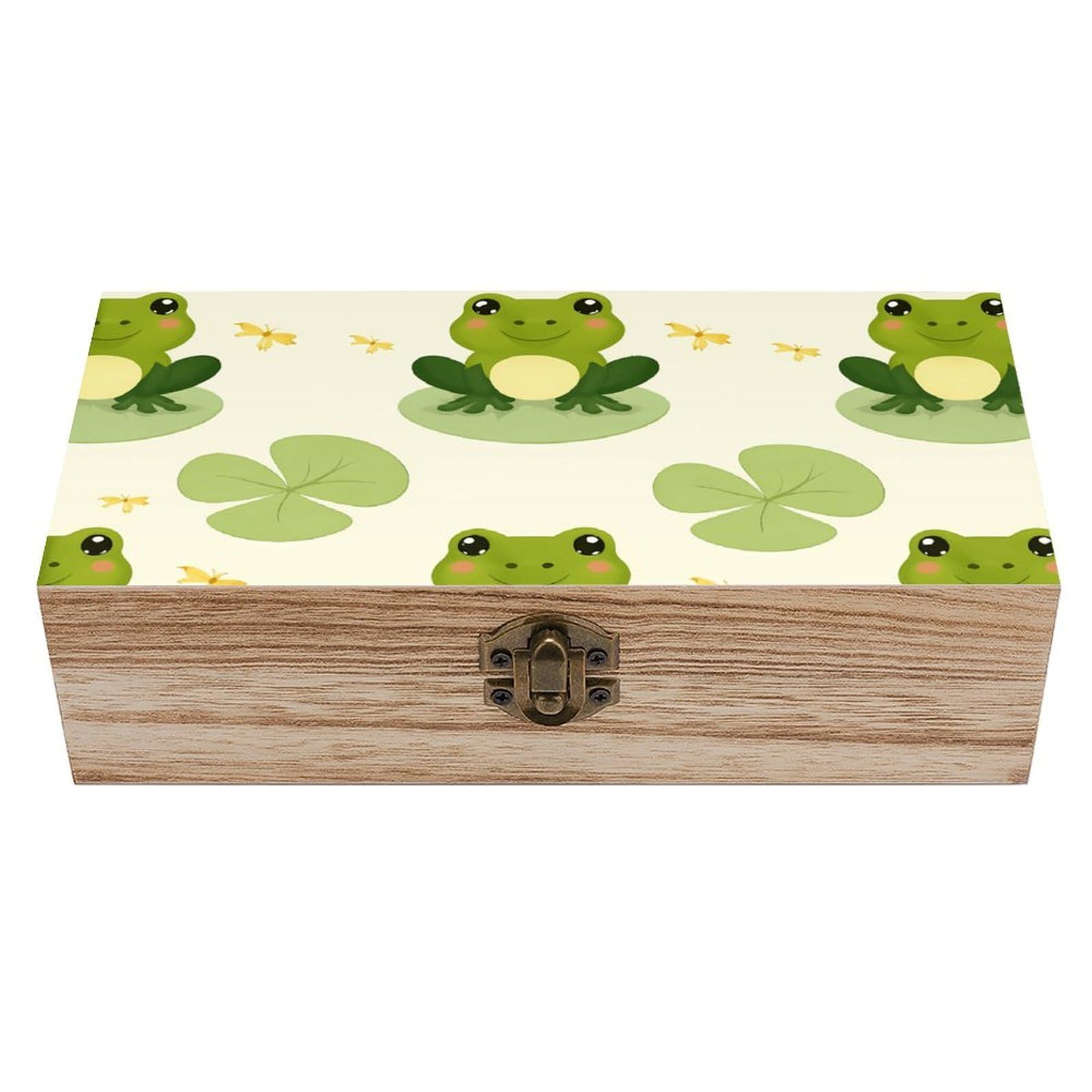 SMAZDFXX Cute Frog Animal Green Frog Wooden Storage Box With Hinged Lid Decorative Front Clasp Keepsake Boxes