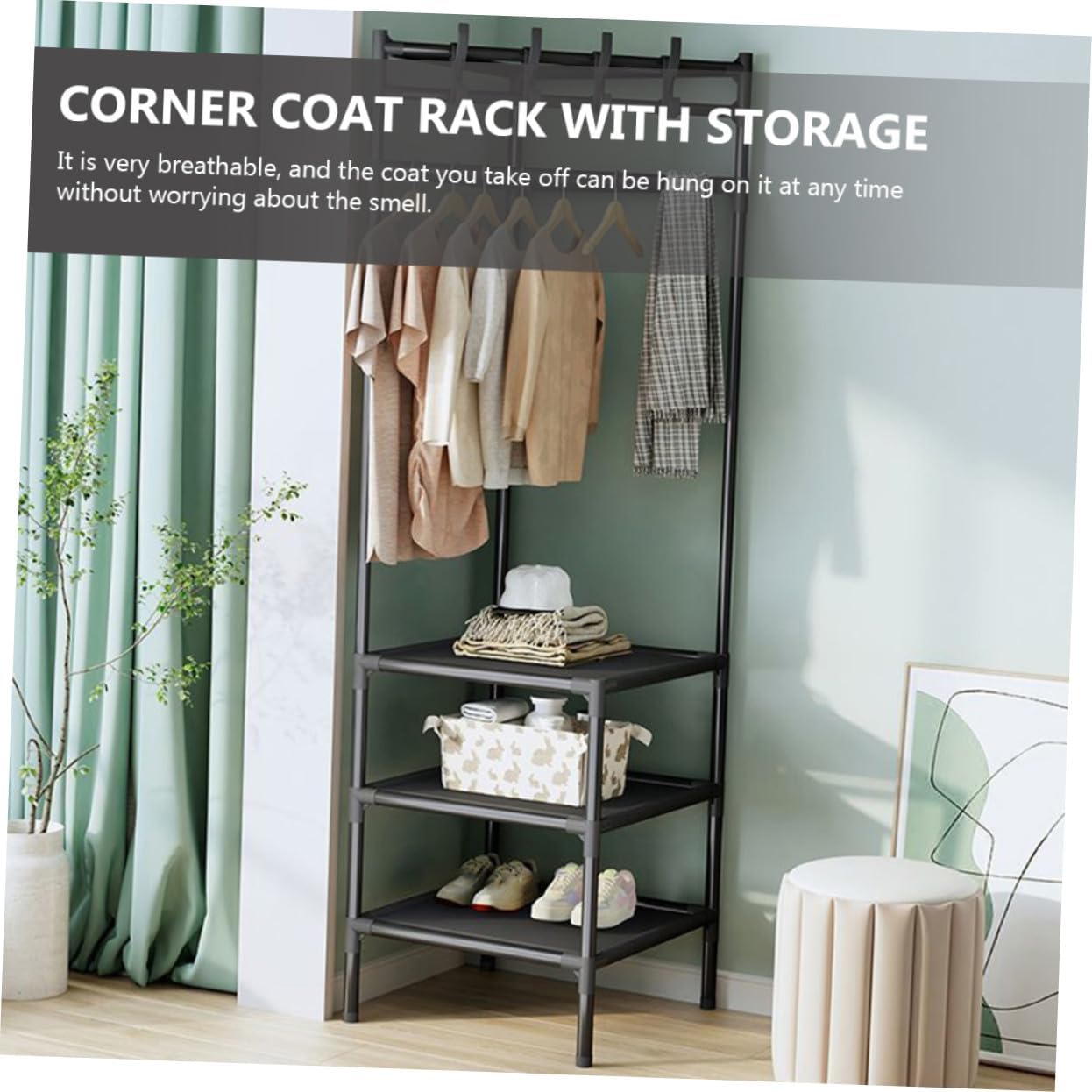 Corner Metal Garment Rack with Tiered Shelves for Bedroom Storage Heavy Duty Clothes Stand for Hanging Coats Hats Scarves Shoes and Storage Boxes Stable Design for Entryway and