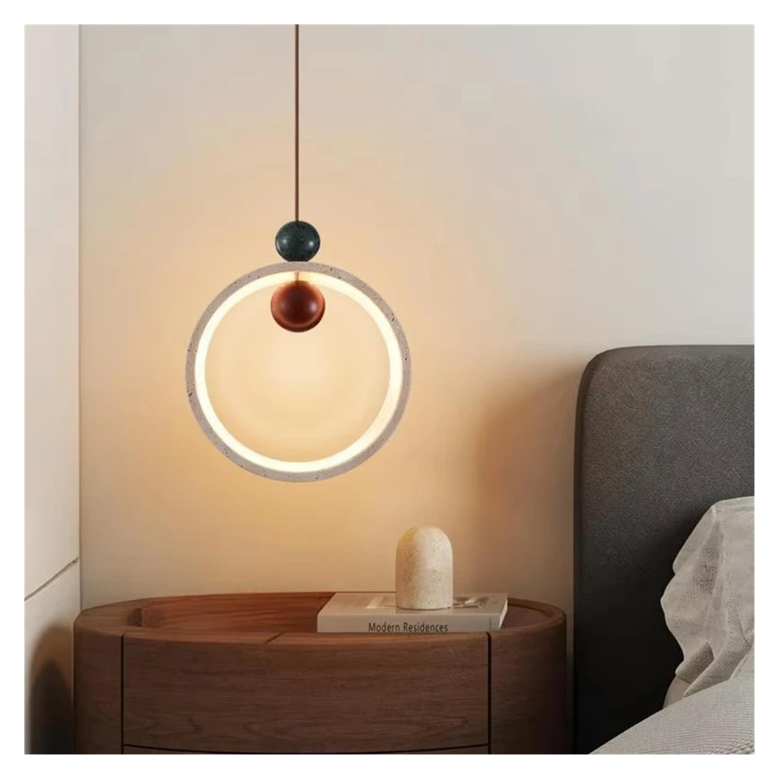 Lustre Art Déco rond en pierre et marbre rouge et vert à intensité variable