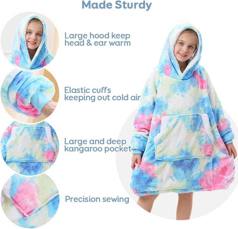 Topblan Blanket Hoodie for Kids Girls Boys Teens, Oversized Flannel & Sherpa Blankets with Hood Pocket and Sleeves - Image 3