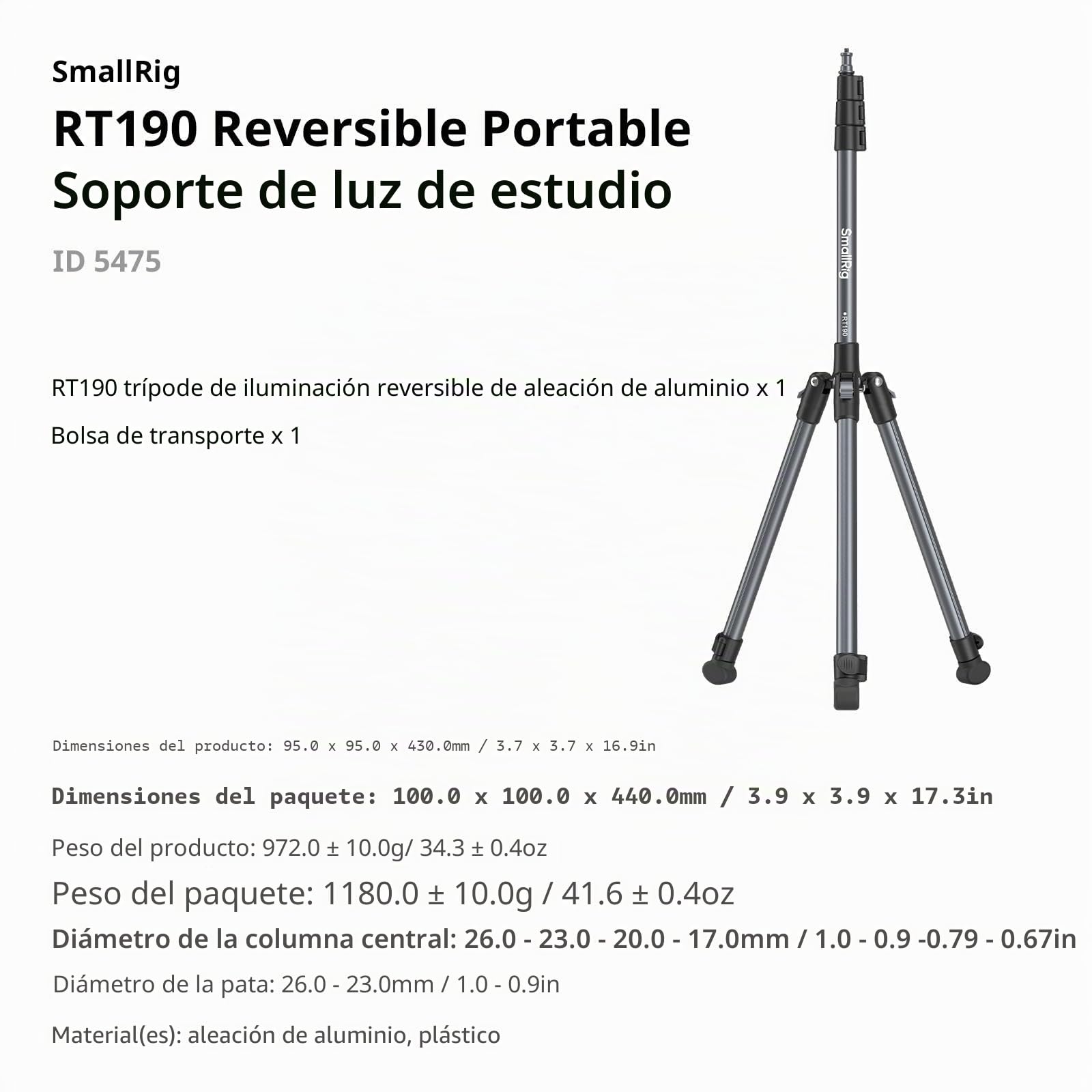SMALLRIG Soporte de Luz 190cm, Carga Máx. 4kg, Soporte Compacto para Flash, Luces LED/RGB/COB, Plegable 43cm - 5475