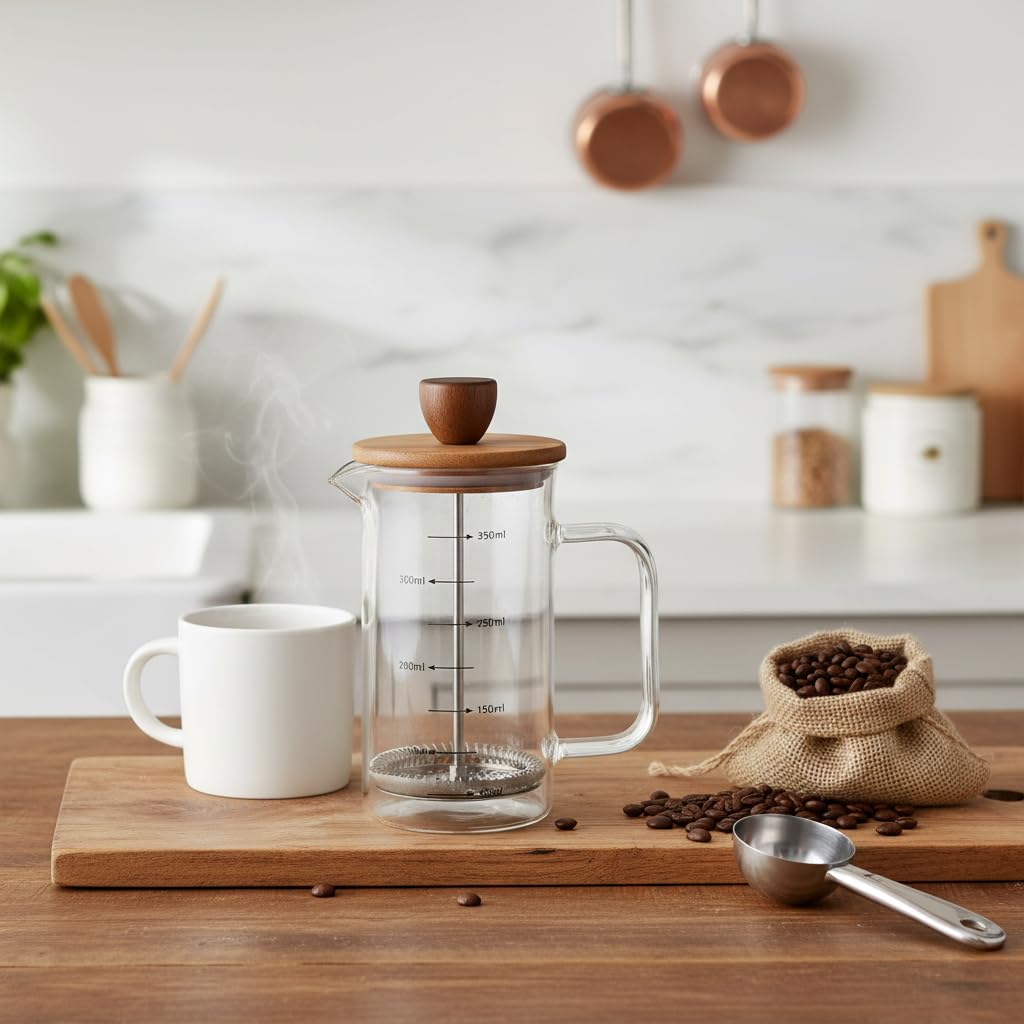 Deconox Akasya Ahşap Kapaklı Borosilikat Cam French Press - Ölçü Çizgili Kahve ve Çay Demliği (350ml ve 600ml Boy Seçenekli) (600ML)