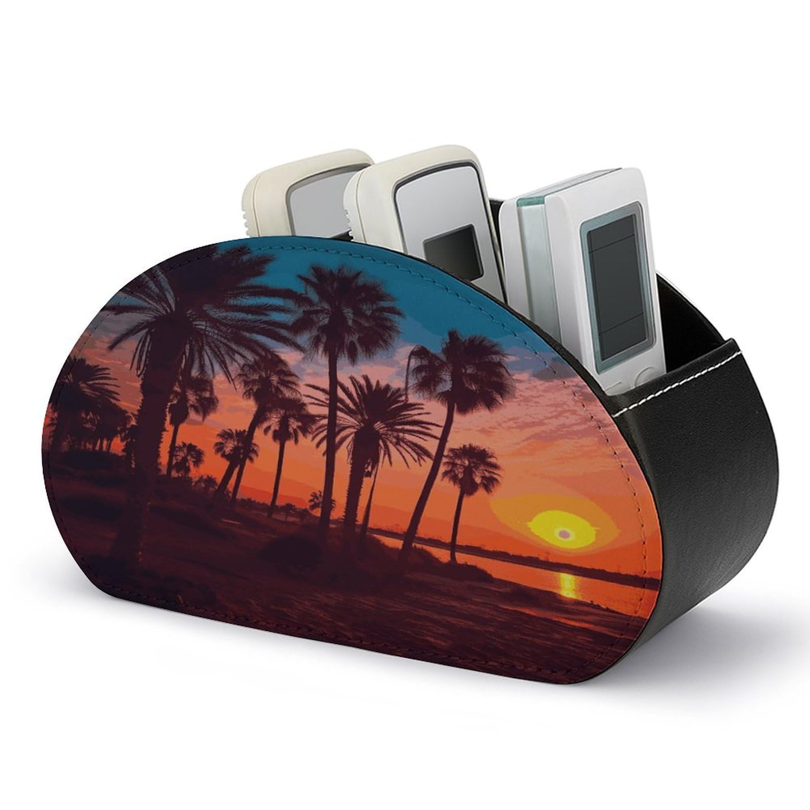 FekiLoot Palm Tree Sunset Remote Control Holder, PU Leather Remote Control Organizer Box Stationery Remote Control Box Desk Storage Organizer for DVDs,Glasses,Pens,Media Players
