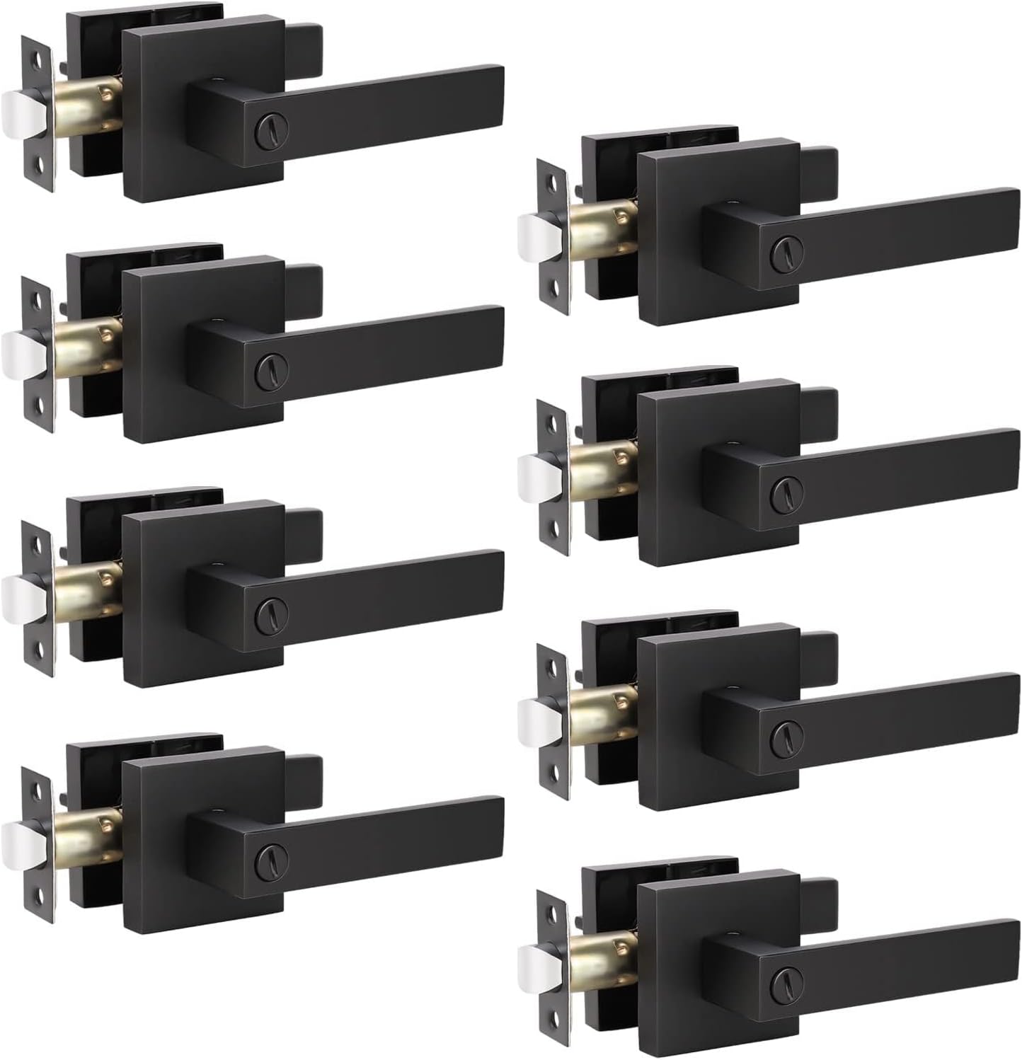 KNOBWELL 8 Pack Matte Black Interior Privacy Door Knob, Bedroom Doorknob with Lock, Square Lever Door Handle, Heavy Duty Black Lever Handle