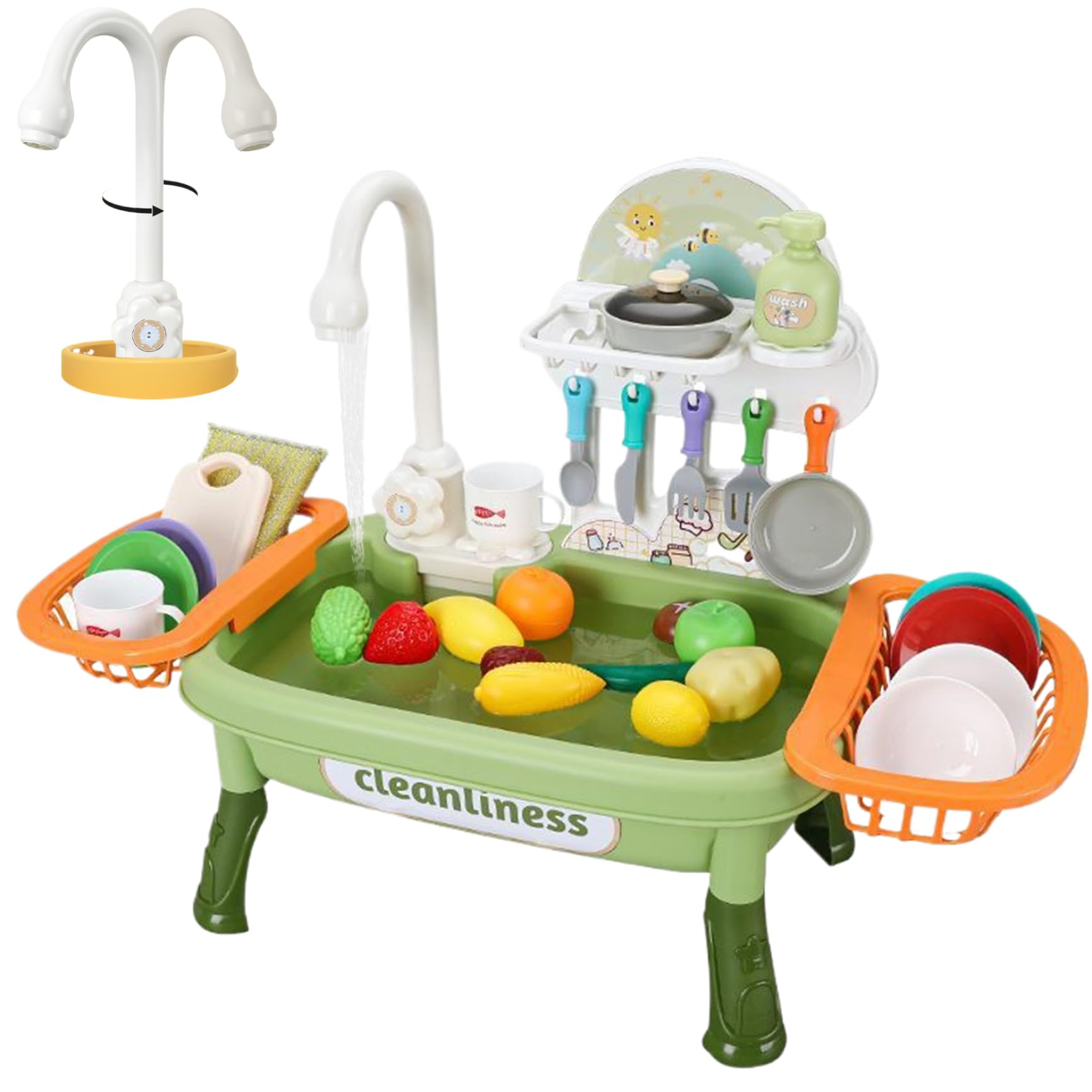 Toy Sink, Play Sink with Running Water 1 Set Electric Rotatable Faucet Toddler with Drain Basket Educational Interactive Detachable Spacious Kids Play for Role