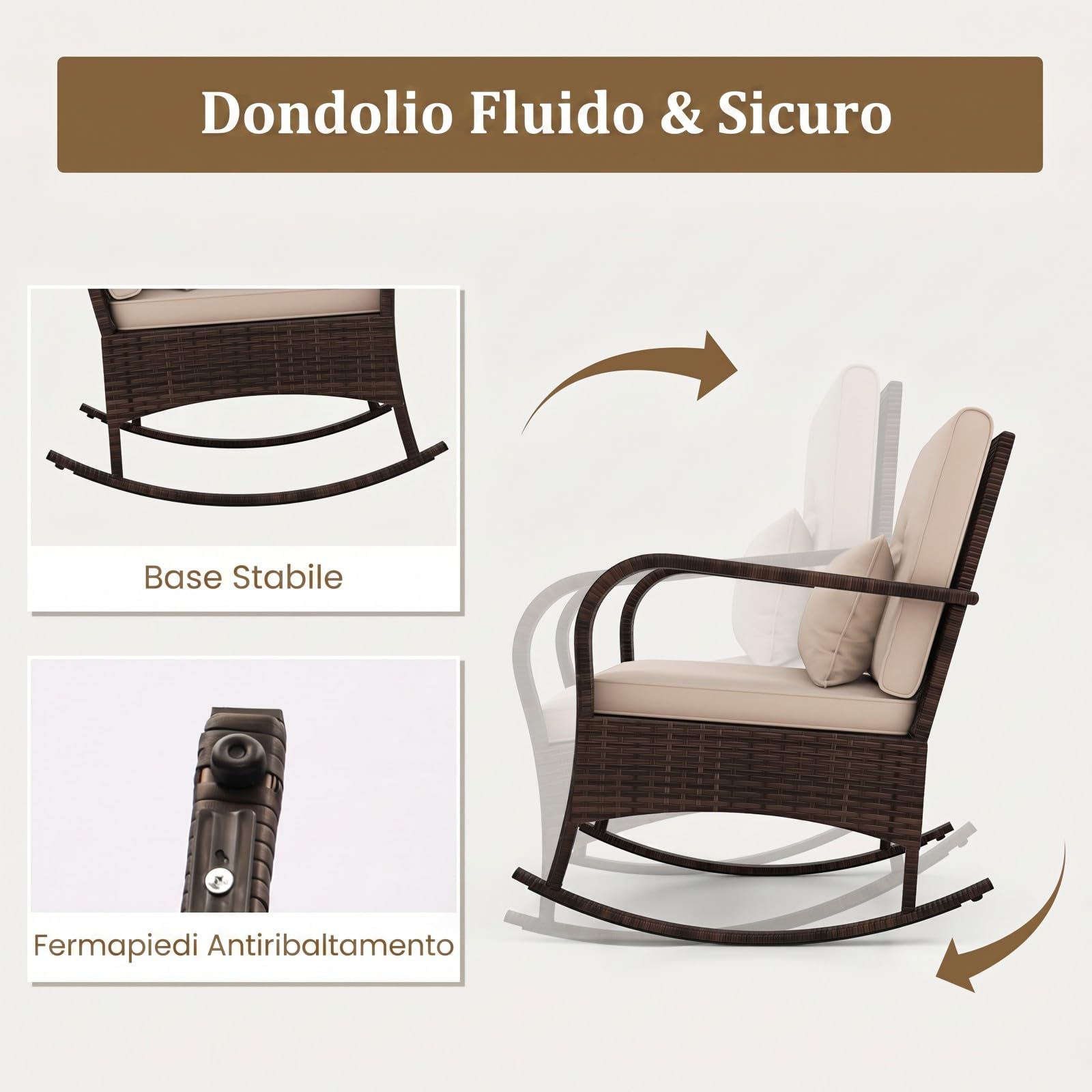 SOARS Salotto da Giardino Esterno 3 Pezzi, Set Giardino Esterno in Rattan con 2 Sedie a Dondolo e Tavolino in Vetro Temperato, Set Mobili a Dondolo da Esterno con Cucini per Cortile, Piscina, Balcone