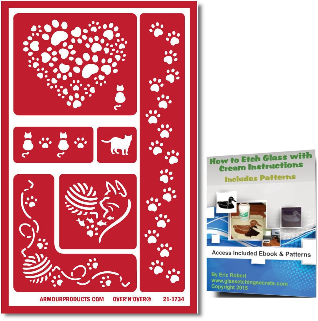 Cat Reusable Adhesive Vinyl Stencils: Pet Cats with Paw Prints, Yarn, and Heart Template Stencil Designs + How to Etch Ebook