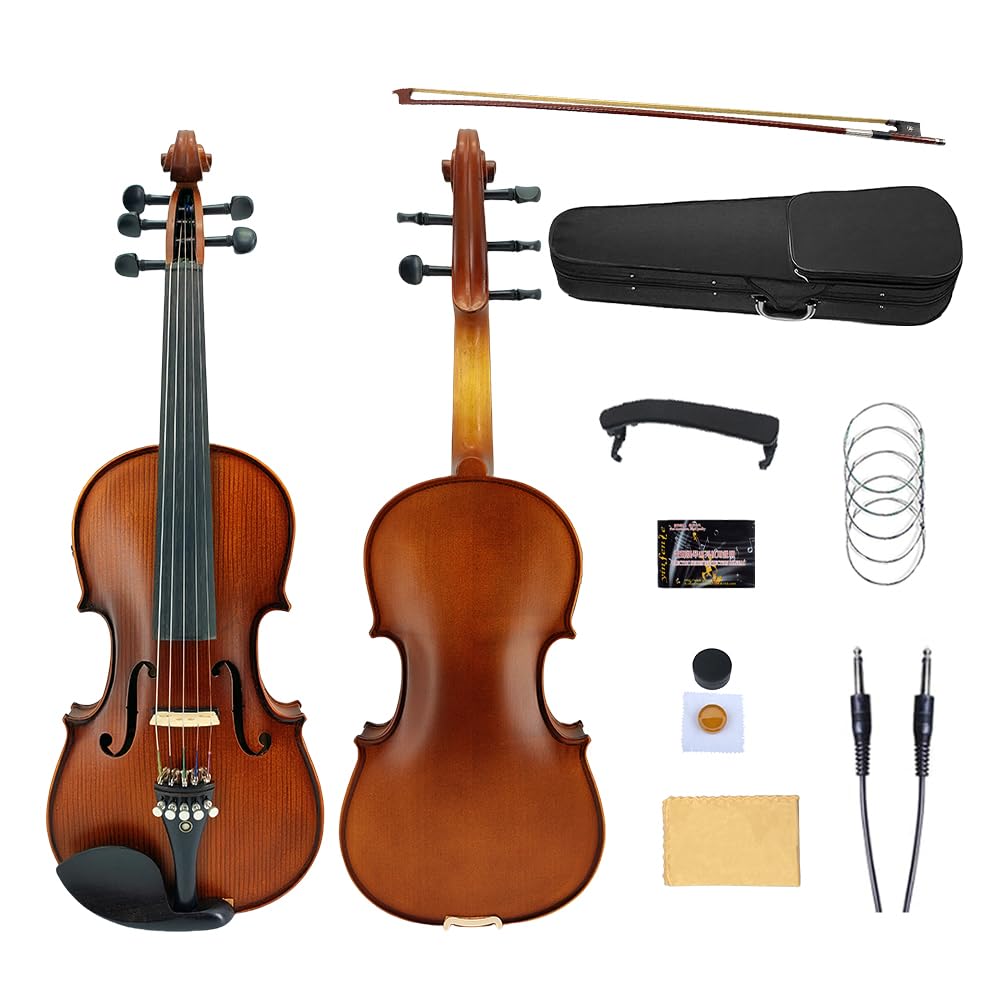 Violino elettrico / acustico 4/4 full size a 5 corde in abete massello d'acero con accessori in ebano, perfetto per palco con custodia, arco, cavo, colofonia, ponte, spalliera, panno per la