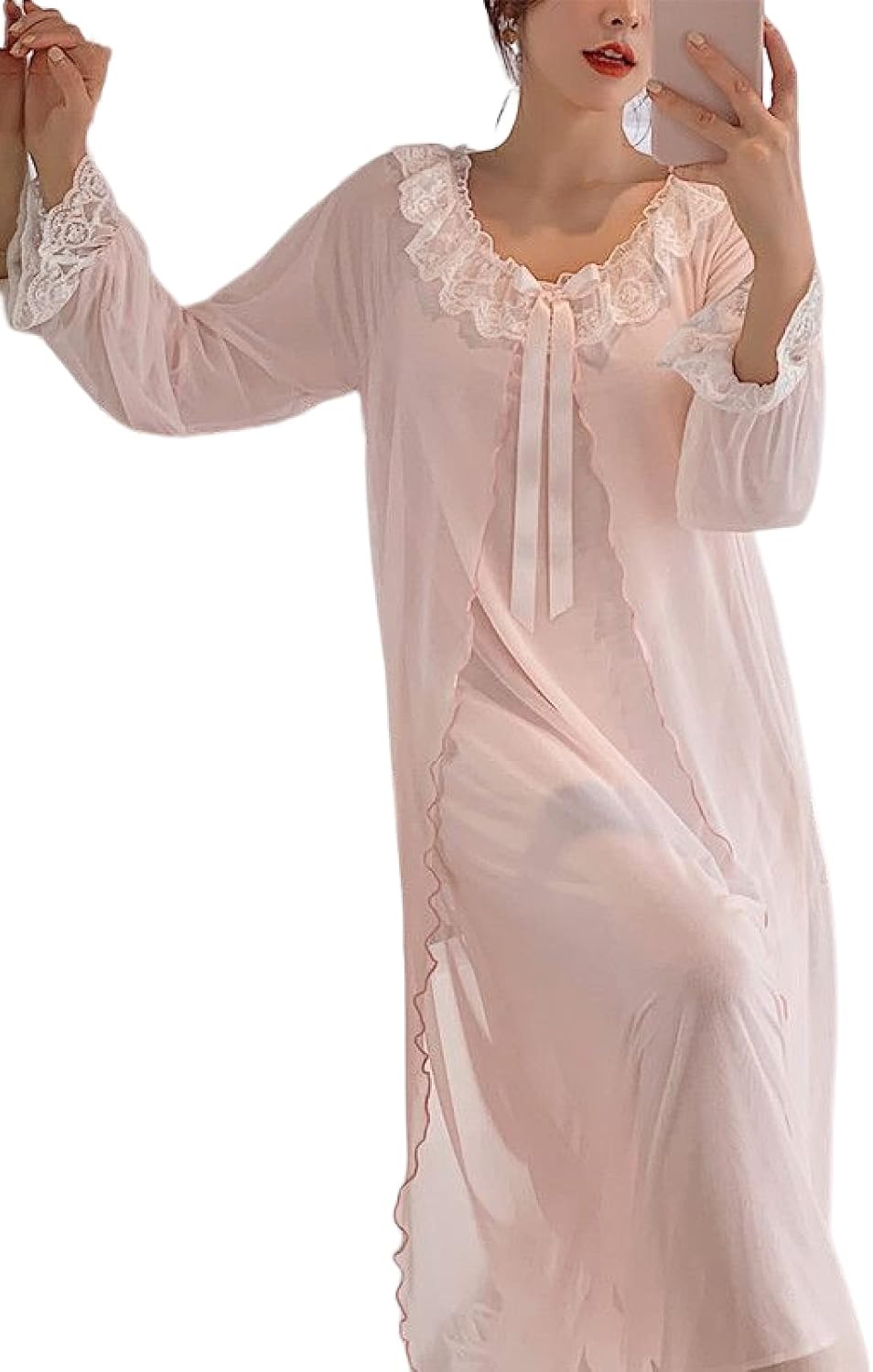 OFFSUM Women's Long Sleeve Nightgown - Vintage Round Neck Lace Dress Elegant Mesh Bride Robe Nightgown Fashion Spring Summ