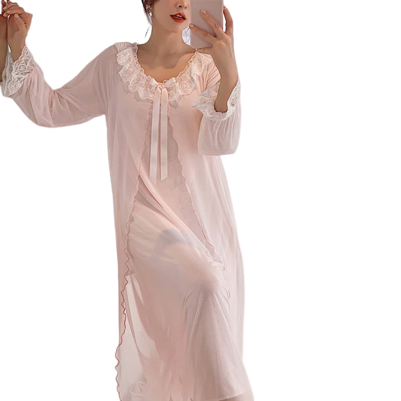 OFFSUM Camicia da Notte Donna - Abito Vintage in Pizzo con Scollo Rotondo Elegante Abito da Sposa in Maglia Camicia da Notte Moda Primavera Estate Principessa Sleepwear Lingerie