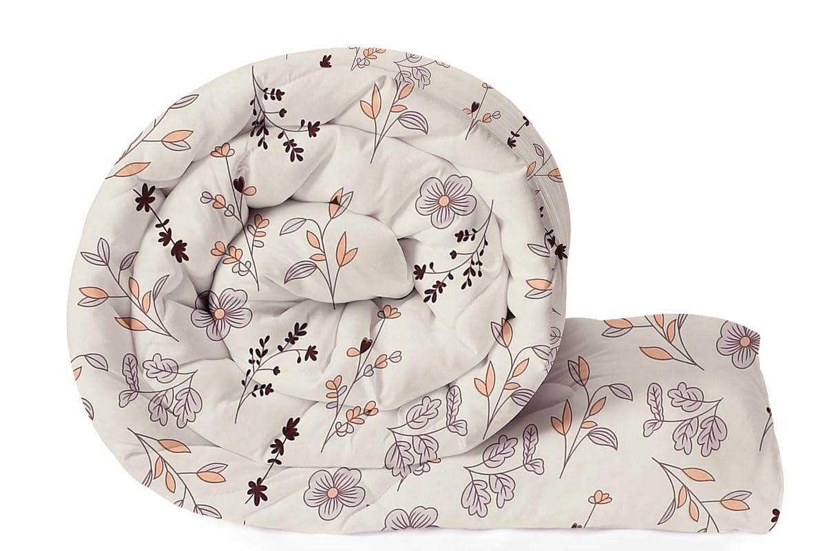 VAS COLLECTIONS 220 GSM Reversible Microfiber AC Comforter/Duvets for Mild Winter | All Season King Size 3 Layered Quilted Blanket for Double Bed (220 cm x 240 cm, Floral, White Brown)