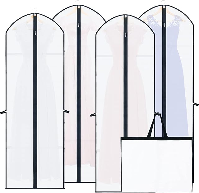 4 Pack Long Dress Covers Garment Storage, Waterproof Moth Proof Coat Bags with Zip PVC Clothes Cover Bag with Handle, Breathable Washable Dustproof Clothes Covers Translucent Suit Bags(60 * 180cm)