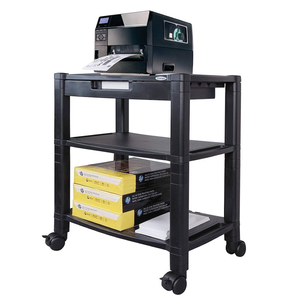 Kantek Height-Adjustable Deskside Printer Cart, Plastic, 3 Shelves, 1 Drawer, 60 lb Capacity, 20