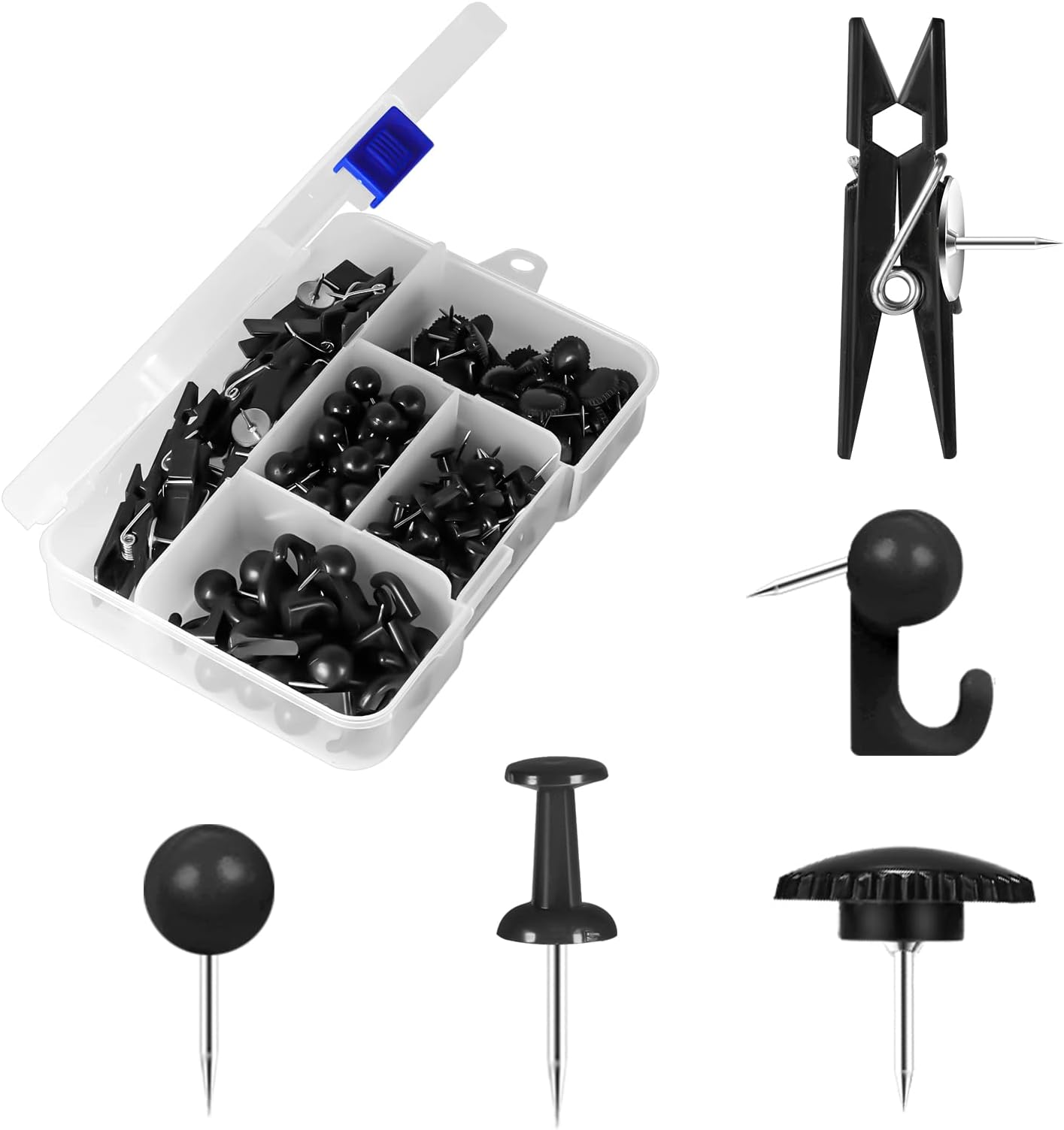 185 Pcs Push Pins Set,5 Types Black Thumb Tacks for Cork Board Bulletin Boards Home