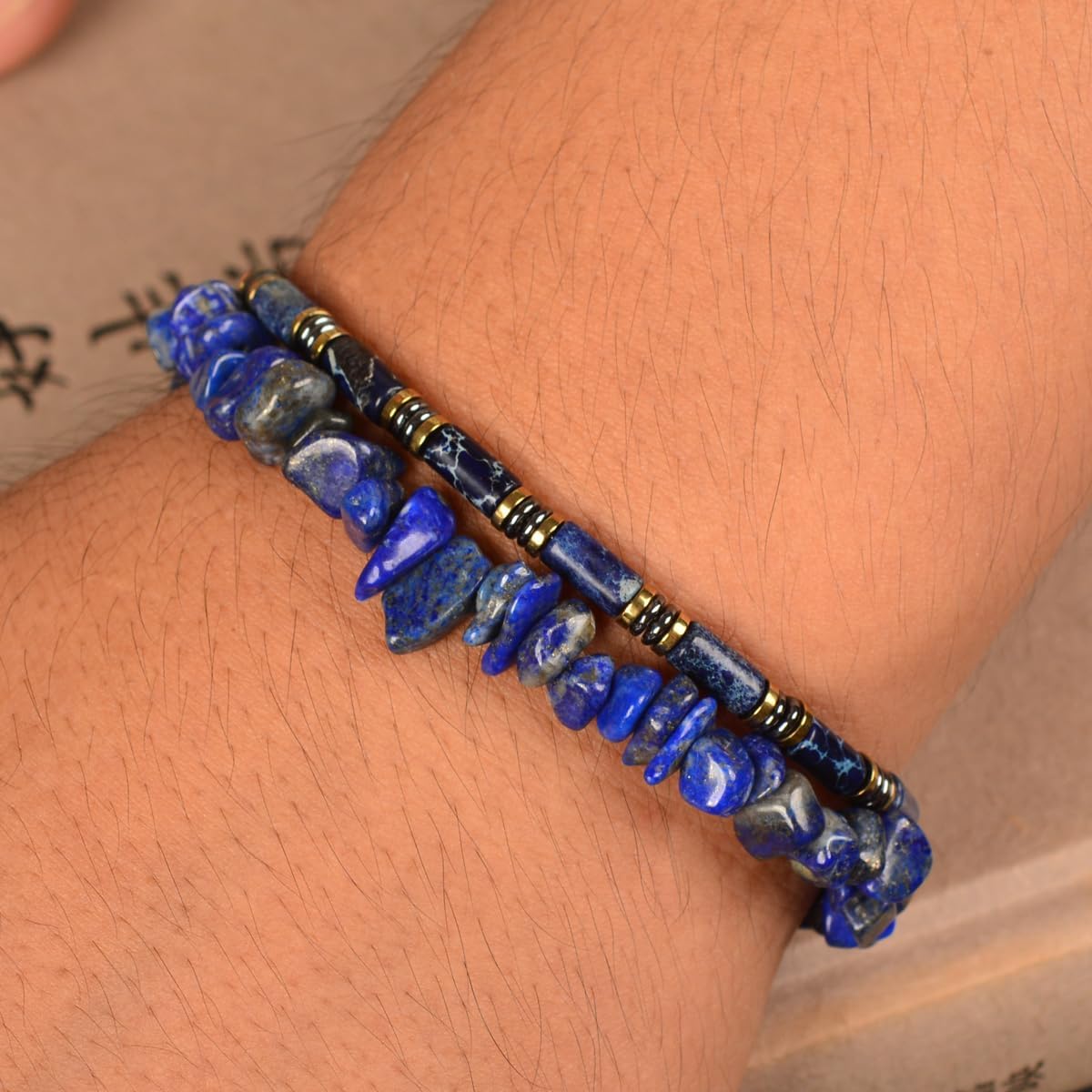 Blue Sovereign Men's Chakra Bracelet, Handcrafted Blue Emperor & Hematite Beads, Adjustable Stainless Steel Dual Clasp, Thickened Wire Gift for Dad Boyfriend Husband