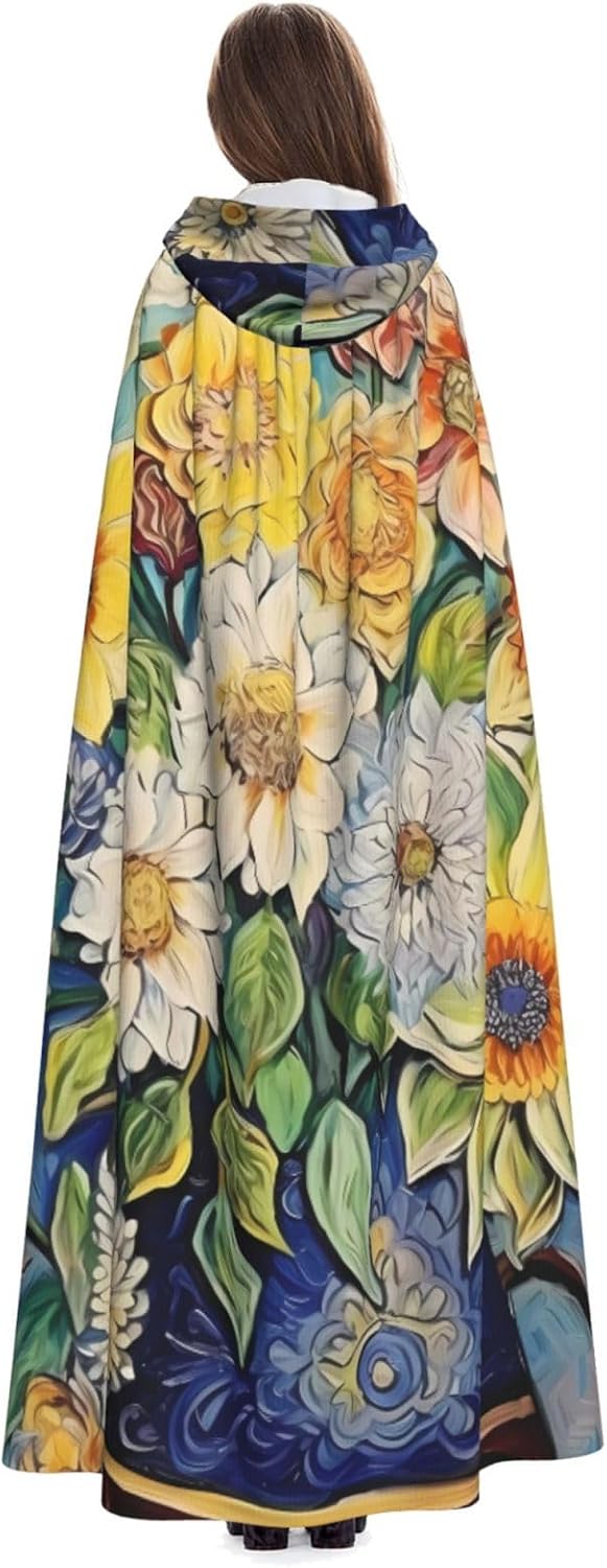 Unisex Full Length Hooded Halloween Christmas Party Robe Cloak Cape Cosplay Costume Men Women Oil On Canvas Flowers Prints Black