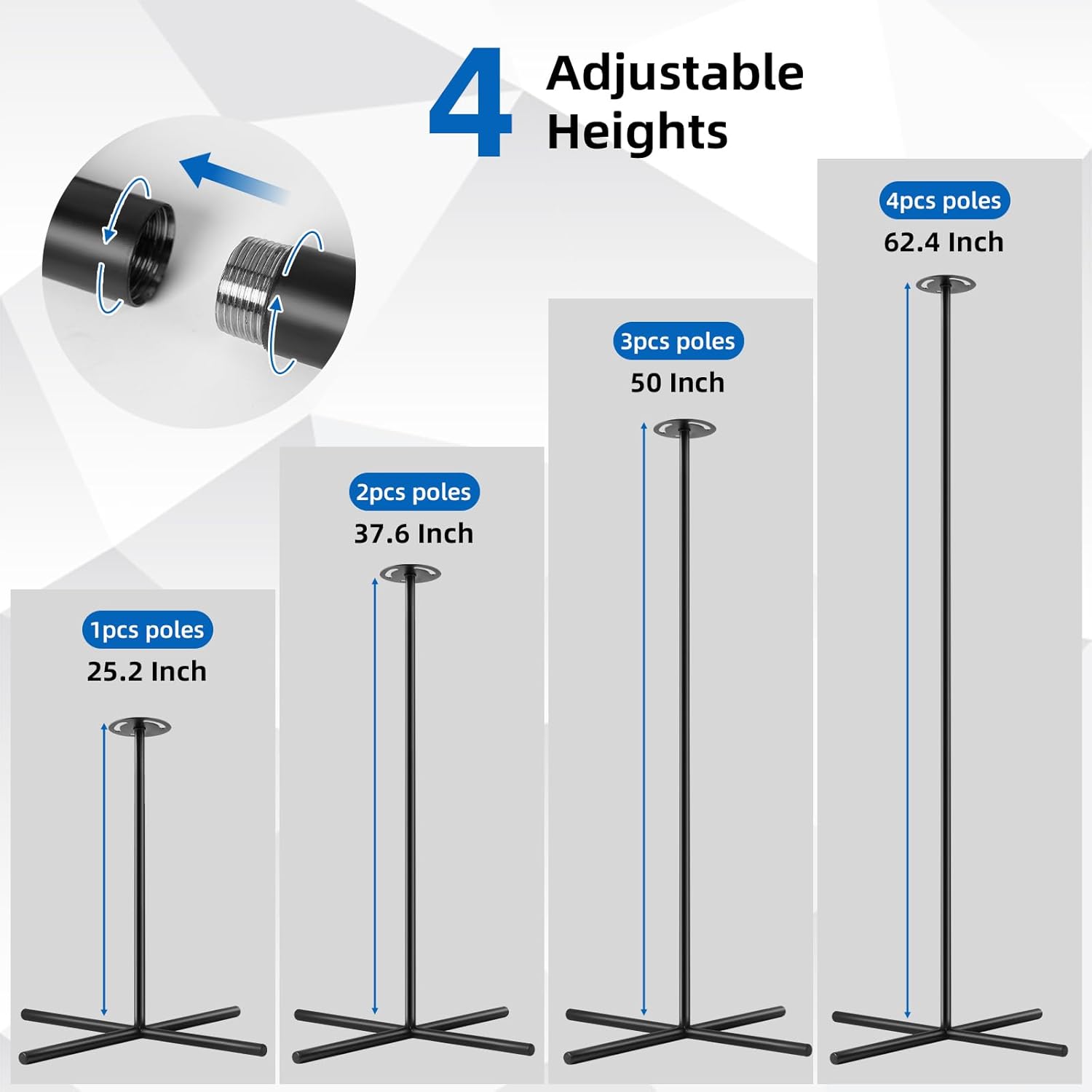 Boat Cover Support Poles System Heavy Duty 2 Pcs, 25”to 62” Sectional Adjustable Steel Boat Tarp Support Poles with Cross Base & Webbing Strap for Jon, V-Hull, & Pontoon Boats