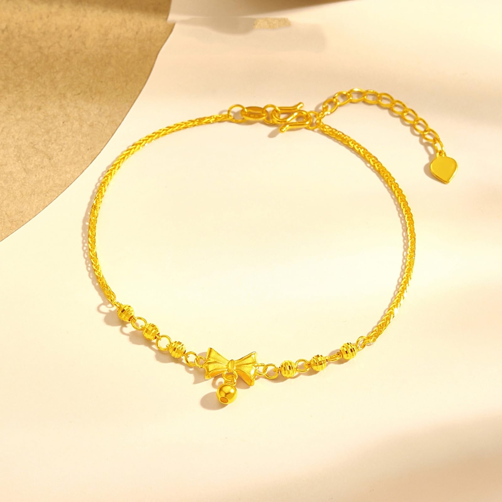 Bracciali in Oro Donna 18k/14k/9k, Bracciale a Catena con Fiocco E Perline 16-18 cm Estensione 4 cm, Braccialetto Sposa Fidanzati