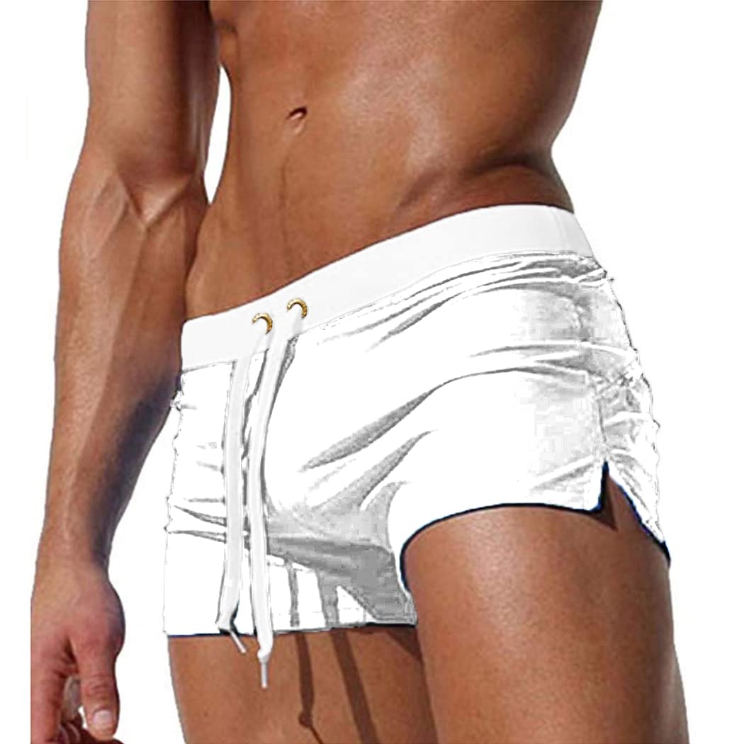COOFANDY Men Swim Boxer Briefs Trunks Shorts Summer Sexy Swimsuit Quick Dry Board Short with Pockets White M