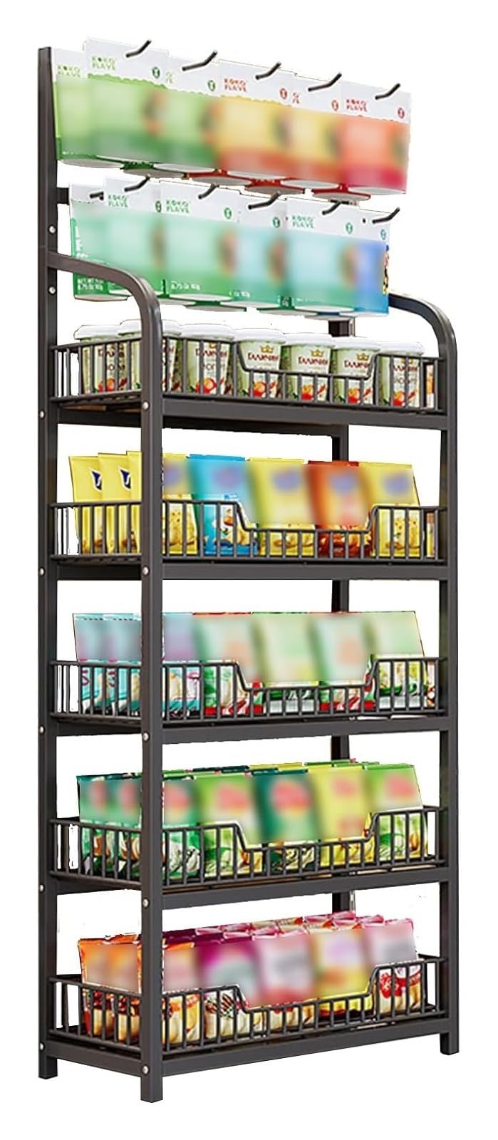 Candy Display Rack,Potato Chip Snack Storage Shelf, 4 Tier /5 Tier Floor-Standing Display Stand,Metal Wire Basket,Retail Basket Shelf,for Store,Bakery,Supermarket,Kitchen (5 Tier Black 19.7x10.6in)
