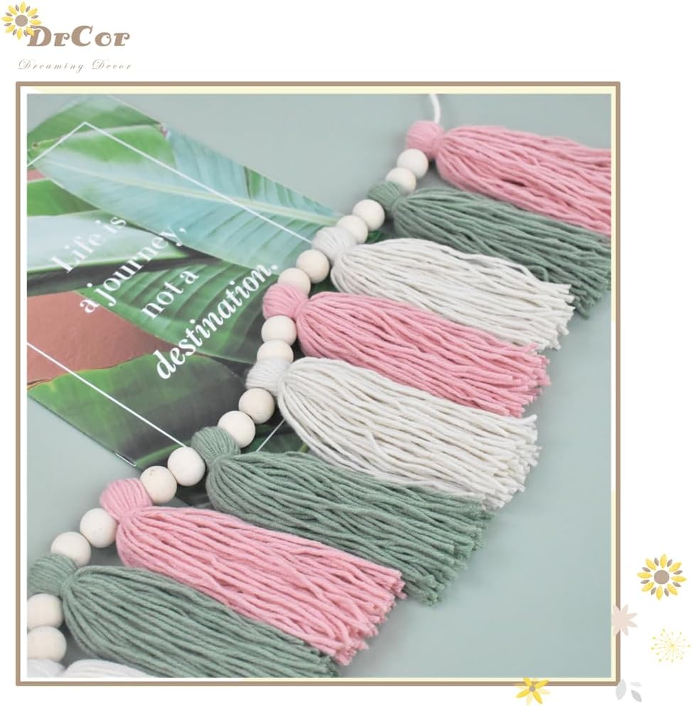 DrCor Boho Pink & Sage Green Tassel Garland – Pastel Classroom Decor, Bulletin Board Decorations, Baby Girl Nursery Wall Decor, Back to School Banner, Baby Shower & Birthday Party Decor