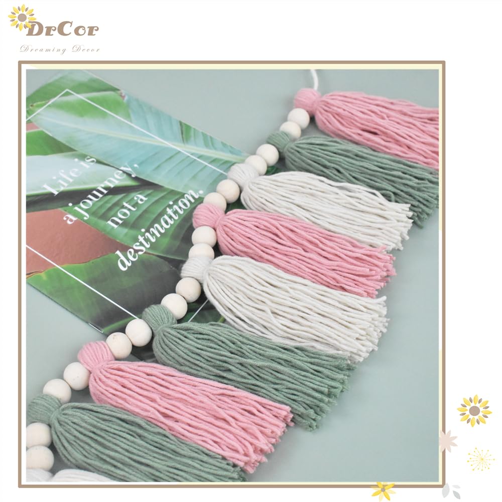 DrCor - Guirnalda de borlas rosa y verde, moderna, bohemia, decoración para colgar en la pared, para dar gracias, Navidad, aula, guardería, fiesta, dormitorio de niños, cumpleaños, baby shower,